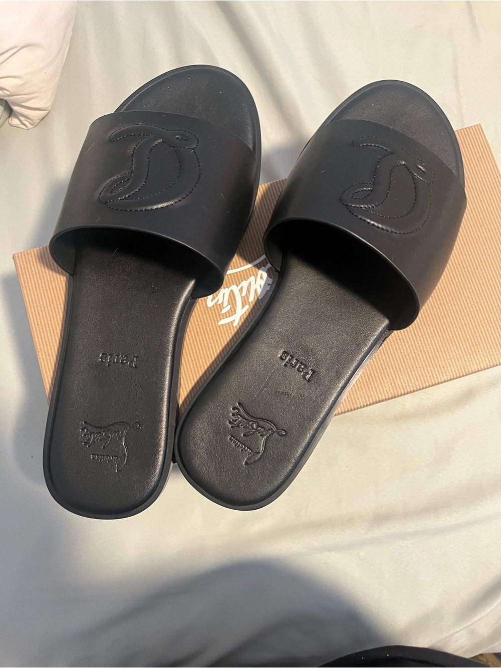 Christian Louboutin Black Embossed Logo Slide Sandals
